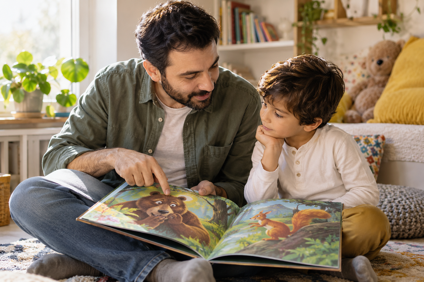 والد و پسر در حال خواندن کتاب داستان با تصاویر احساسی