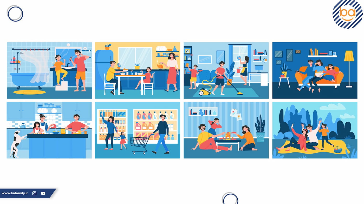 کودک در حال کمک در کارهای خانه و یادگیری مسئولیت پذیری در کنار خانواده