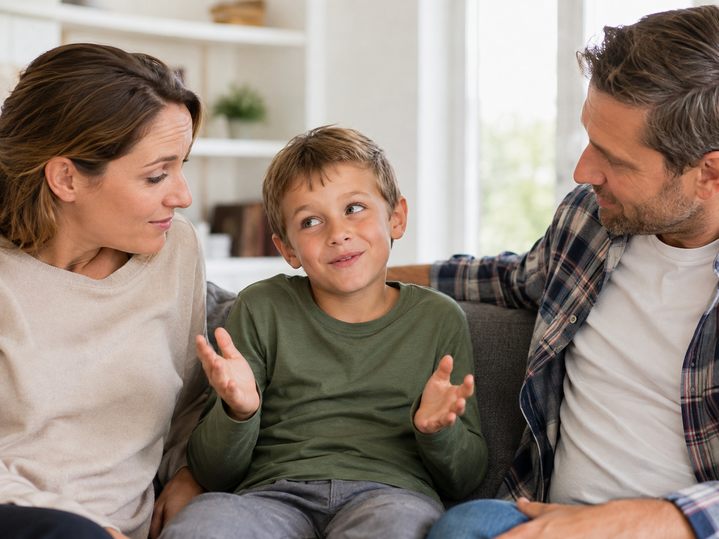 کودک با حالت شیطنت‌آمیز در حال دروغ گفتن به پدر و مادر روی مبل