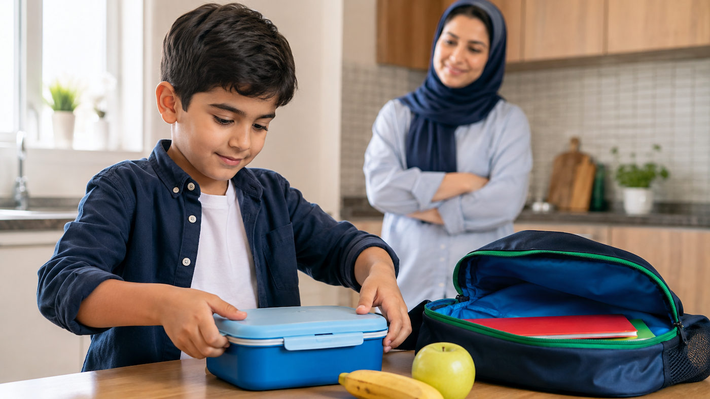 کودک در حال بستن ظرف غذا و آماده‌کردن مستقل کیف مدرسه